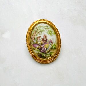Limoges Gold Framed Hand-Painted Pastoral Brooch with Pink and Green